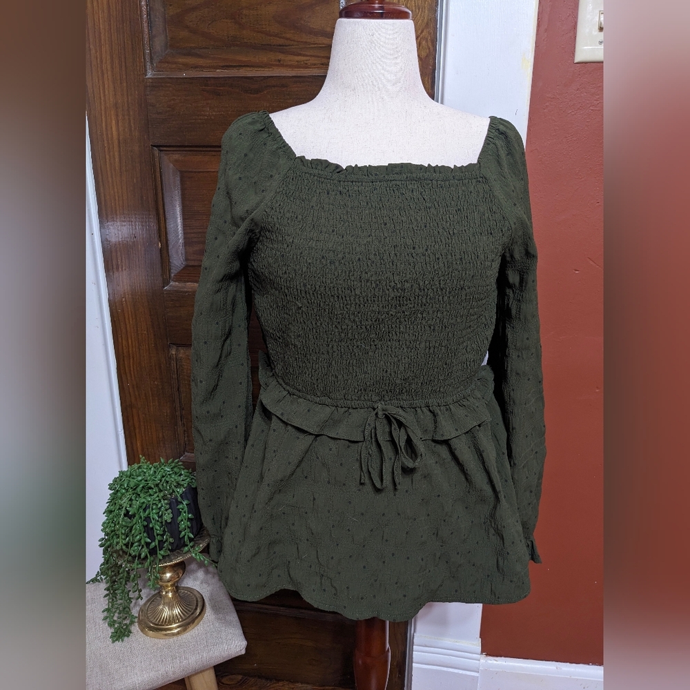 Smocked Square-Neck Peplum Blouse - Olive Green